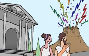 Volcano spewing confetti with two ancient Roman people and architecture in the foreground. For the Boomer Name That Caption May 2023 contest Image