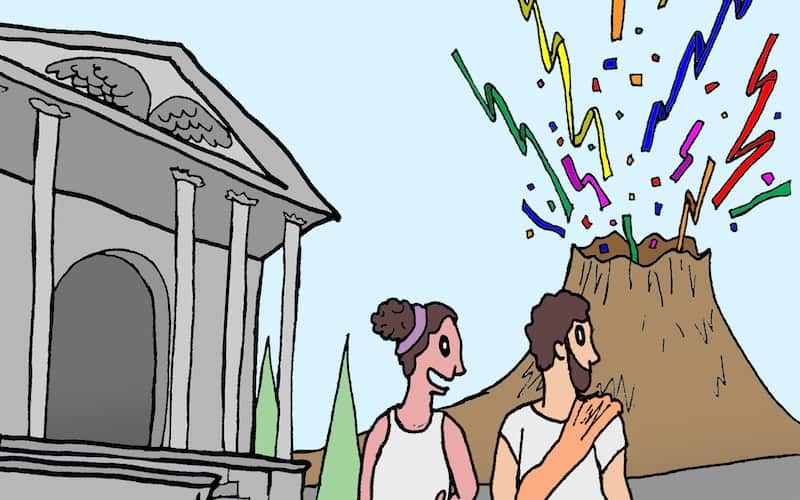 Volcano spewing confetti with two ancient Roman people and architecture in the foreground. For the Boomer Name That Caption May 2023 contest