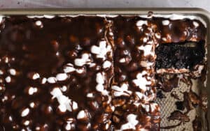 Mississippi Mud Cake uses chocolate and marshmallows generously for a rich, gooey treat that blends these two divinely paired ingredients.. Image