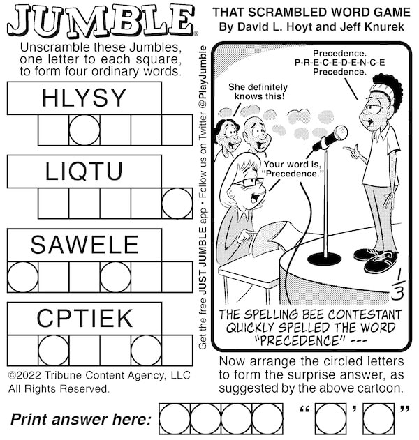 Classic Jumble puzzle, with a spelling bee as part of the humorous answer, for the competitive kids duo
