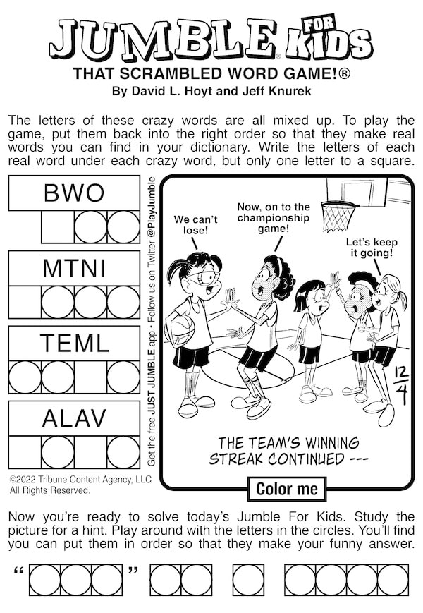 Jumble puzzle for kids, with a girls' basketball team, as part of this competitive kids duo