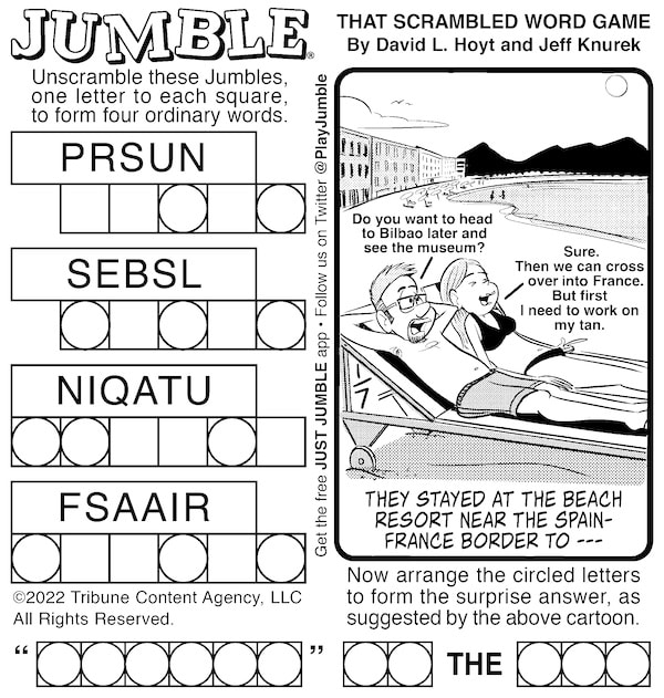 Classic Jumble puzzle with two tourists lounging on a European beach.