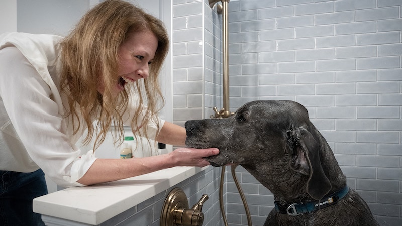 Kaisa Johnson attempts to clean Otto the Great Dane in her redesigned laundry room in the basement of her home in Minneapolis on Wednesday, May 10, 2023. (Shari L. Gross/Minneapolis Star Tribune/TNS) For article on barkitecture