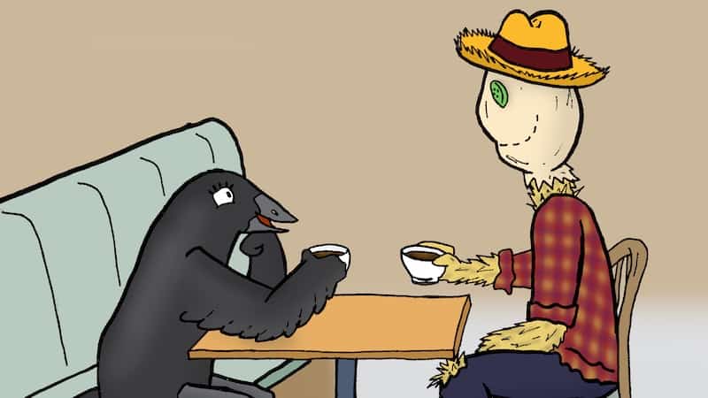 crow and scarecrow having coffee together. For Name That Caption: July 2023 in Boomer Magazine online