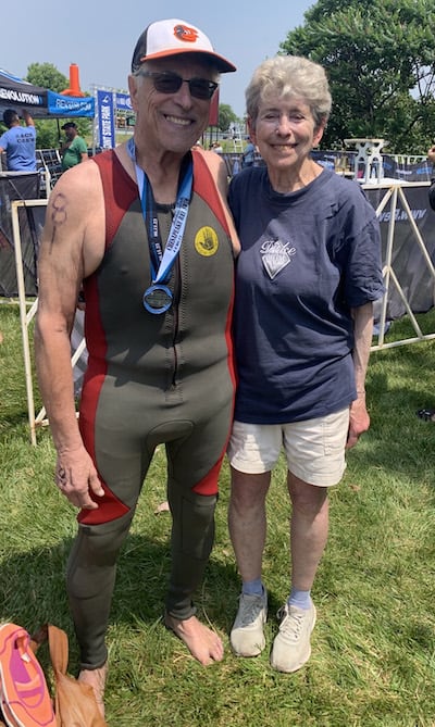 81-Year-Old Open-Water Swimmer: Dr. Marty Wasserman poses with his wife Dr. Barbara Wasserman after completing his 25th Great Chesapeake Bay 4.4 Swim on Sunday, June 11, 2023. (Courtesy Physicians Committee for Responsible Medicine/TNS)