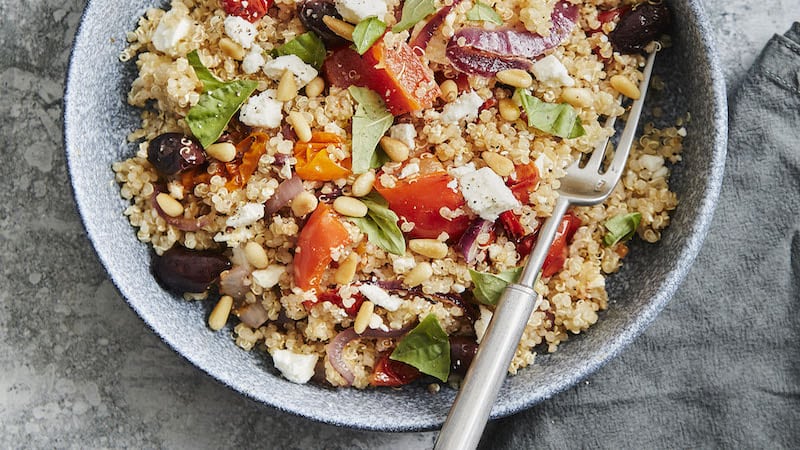 This Greek-style quinoa salad takes loose inspiration from Mediterranean cuisine, adding the South American grain for texture and nutrients.