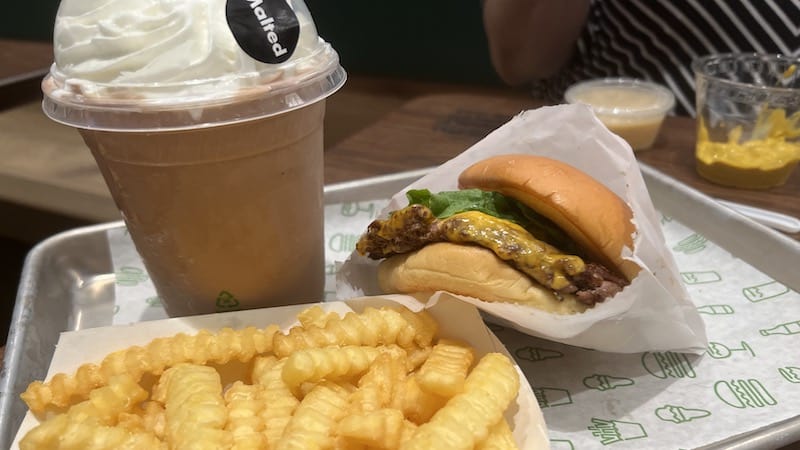 Shake Shack Richmond malted chocolate shake, cheeseburger, and fries. From Steve Cook