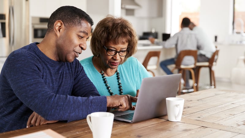 adult son and mother on laptop, from Monkey Business Images. These top tech deals feature the latest innovations at budget-friendly prices, inc. laptops, tablets, TVs, fitness trackers, smartwatches.