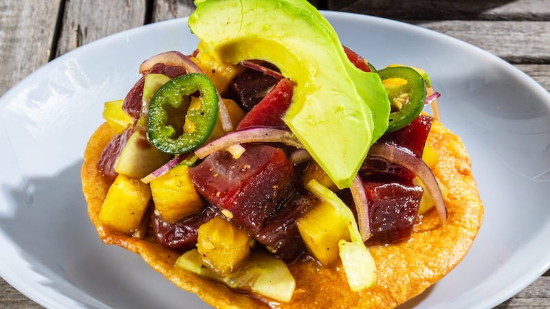 Make your own juicy, sweet, spicy Ahi-Chile Tostadas, like the Mariscos German Beyer food truck in San Diego, with this easy summer recipe.