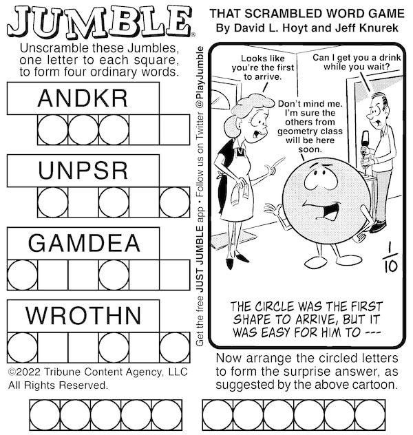 Classic Jumble puzzle, with a geometry party mystery answer (for Jumble for Kids and Adults: Shapes and Riddle)