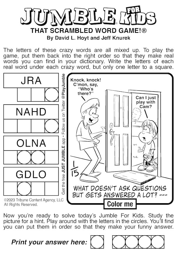 In this week's Jumble puzzles for kids and adults: Shapes and Riddles, the kids' puzzle features a mystery answer with a riddle