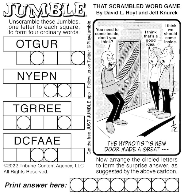 classic Jumble puzzle, with a hypnotist in the mystery bonus answer