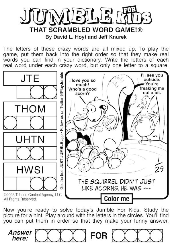 Jumble puzzle, for the kids and classic jumble, this week with a squirrel and hypnotist