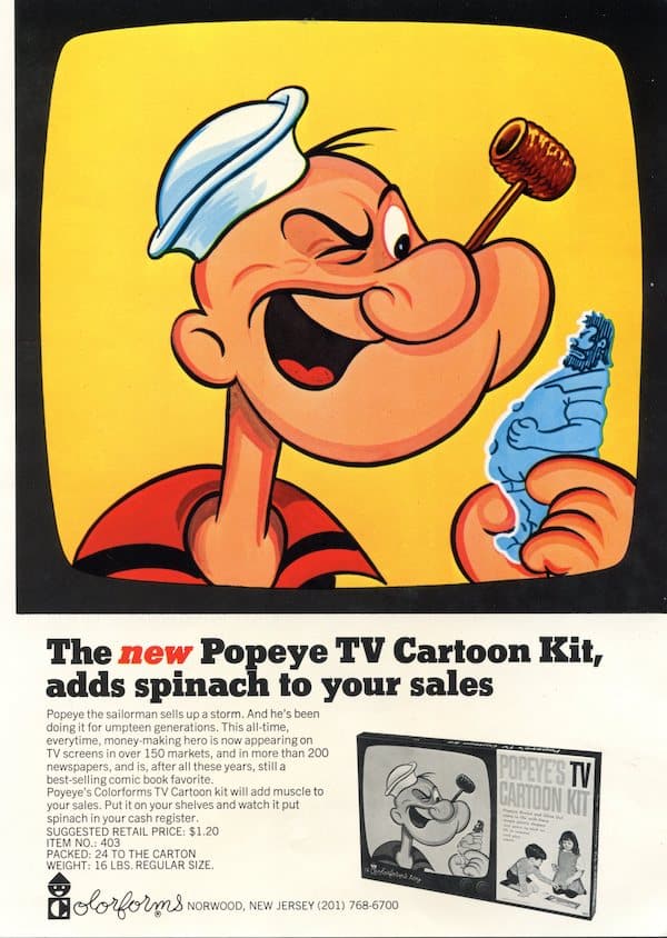 While the comic strip design of Popeye is pictured in this 1966 advertisement, the sailor is holding the television cartoon version of Brutus.
