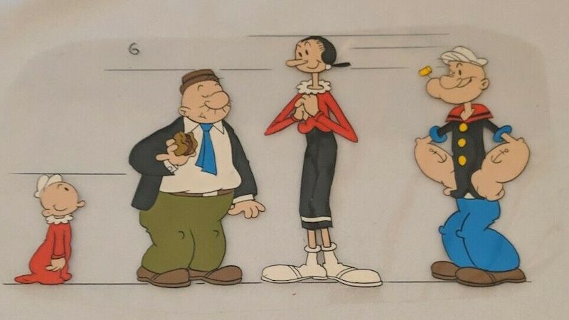 An animation cel of Swee’pea, Wimpy, Olive Oyl, and Popeye used in the production for the 1972 cartoon, “The Man Who Hated Laughter.” This hour-long adventure originally aired as part of “The ABC Superstar Movie.” Popeye the Sailor Man made his debut as an animated cartoon character on July 14, 1933. These 12 images honor the character’s long career.