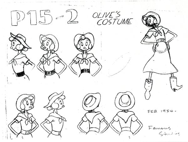 A model sheet of Olive Oyl used in the production of the cartoon, “A Job for A Gob.” Courtesy of Bill Janocha.