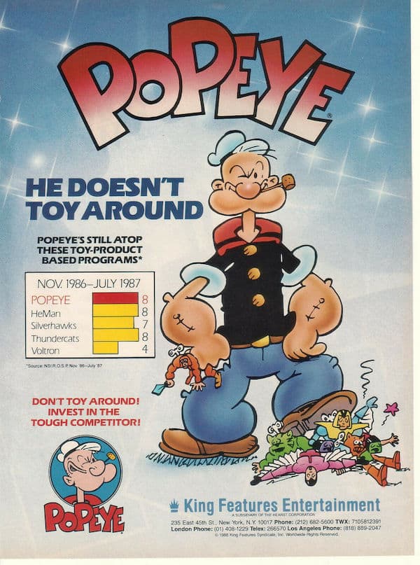 Promotion from Broadcasting magazine illustrating Popeye’s enduring popularity. The sailor man was drawn by his long time cartoonist, Bud Sagendorf.