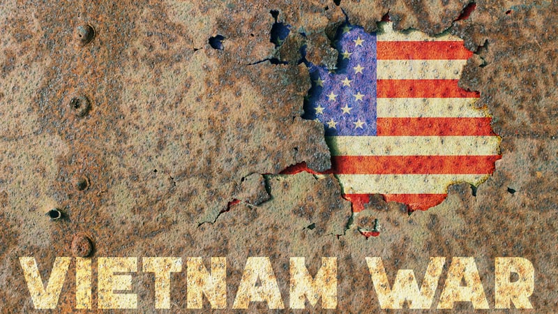 The words Vietnam War, and a flag peeking through torn and bullet-riddled metal armor. For article on family fallout from the Vietnam War.