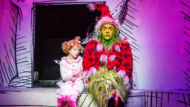 Dr Seuss' How the Grinch Stole Christmas! the Musical. Philip Huffman as The Grinch and the 2016 touring company. Used in What's Booming: Holiday Laughs