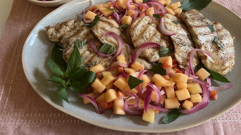 Grilled Chicken Cutlets with Melon and Pickled Red Onion Relish - one way to enjoy summer melons
