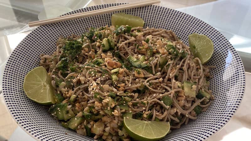 Soba Noodle Salad with Peanut Sauce: Crispy radish, cucumber and water chestnut slices add just the right crunch and color to these softened noodles.