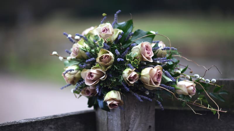 lavender and pink roses floral arrangement on an outdoor fence, by Johnson175. For What's Booming August 10