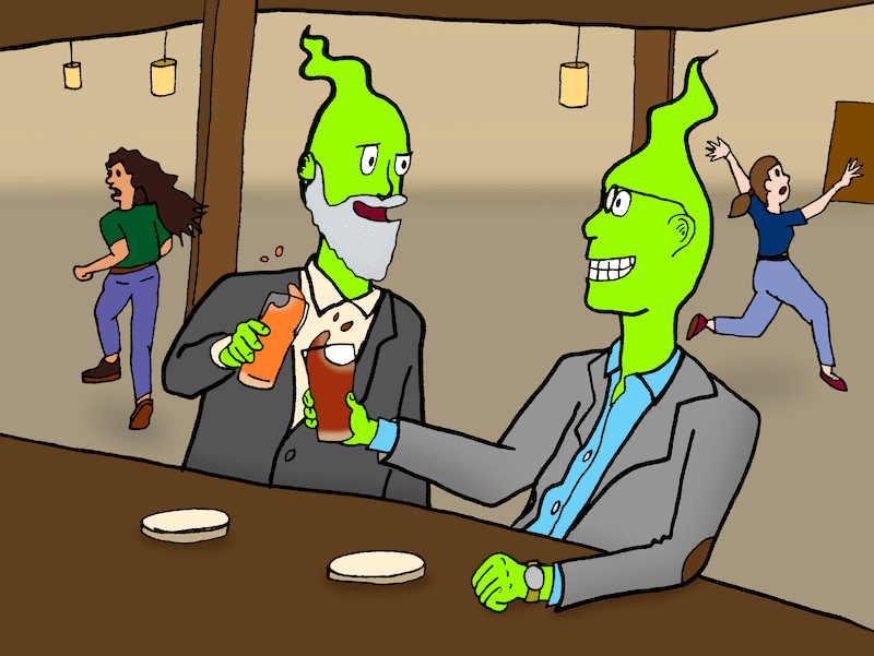 two ghost-like gentlemen at a bar, toasting, while women run away in the background. Boomer name that caption: September 2023