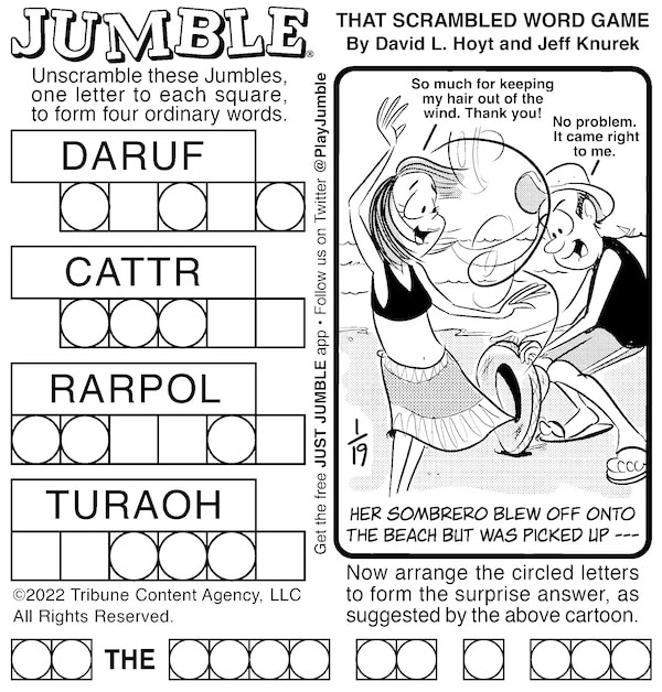 Classic Jumble puzzle, with a "windy" surprise answer clue