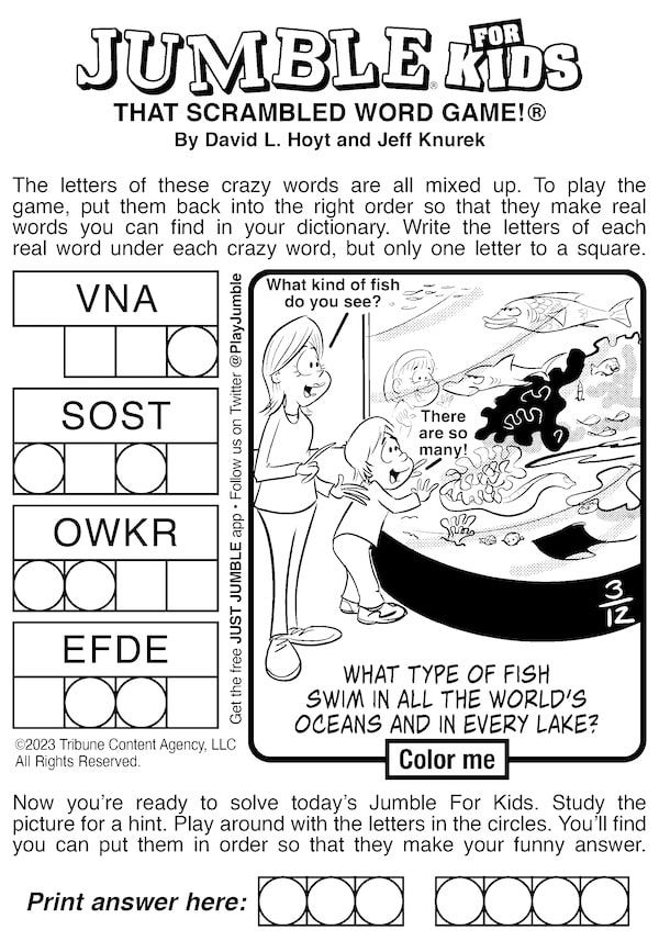 Jumble puzzle for kids, for the week's Classic and Kids puzzles, "windy and fishy"