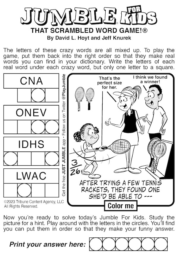 Jumble puzzle for kids, with the tennis tot as part of the bonus surprise answer
