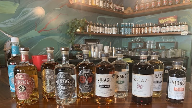 Virago Spirits bottles in the tasting room, one of the Virginia distilleries in this article