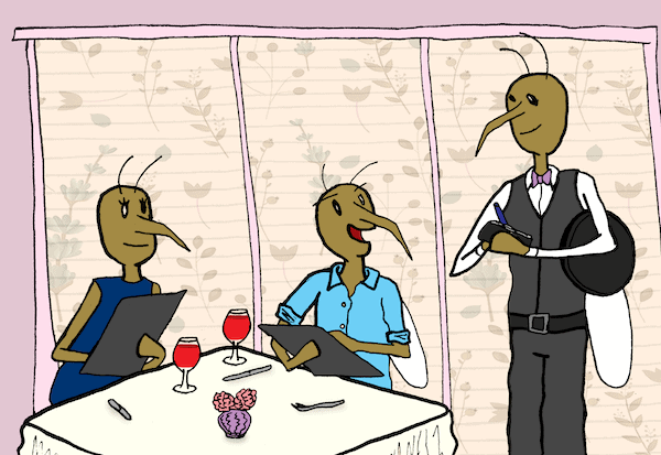 cartoon of two dressed up winged bugs dining out, ordering from a buggy waiter. By Brian Marsh