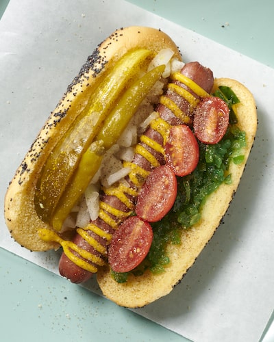 A Chicago-Style hot dog: Recreate the Windy City's iconic delicacy with all-beef juicy hot dogs, fluffy poppy seed buns, and loads of crunchy, salty toppings.