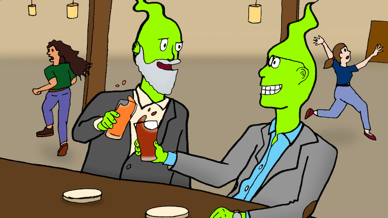 two old ghost-like gentlemen at a bar, women running away screaming in the background. For Name That Caption: September 2023