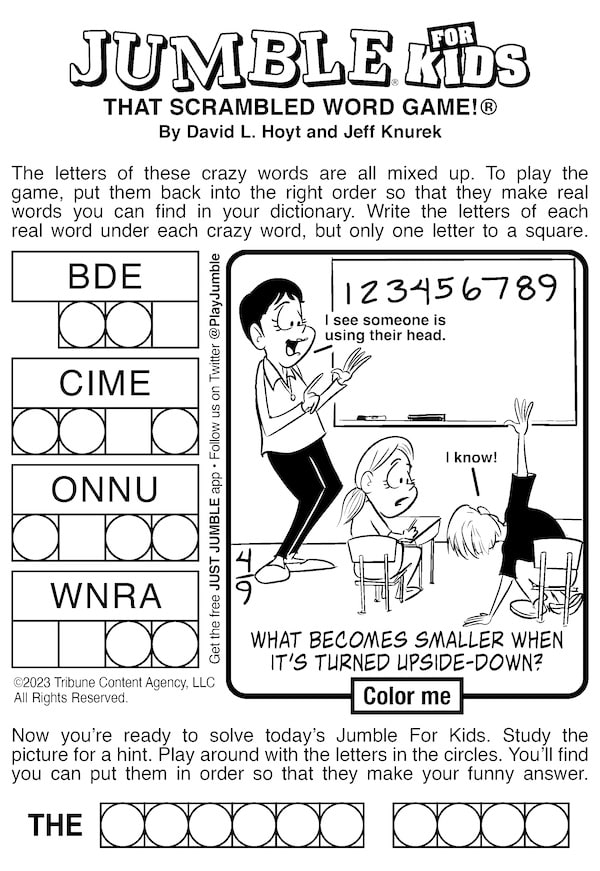 Jumble puzzle for kids, with a math problem - sort of - as the surprise answer