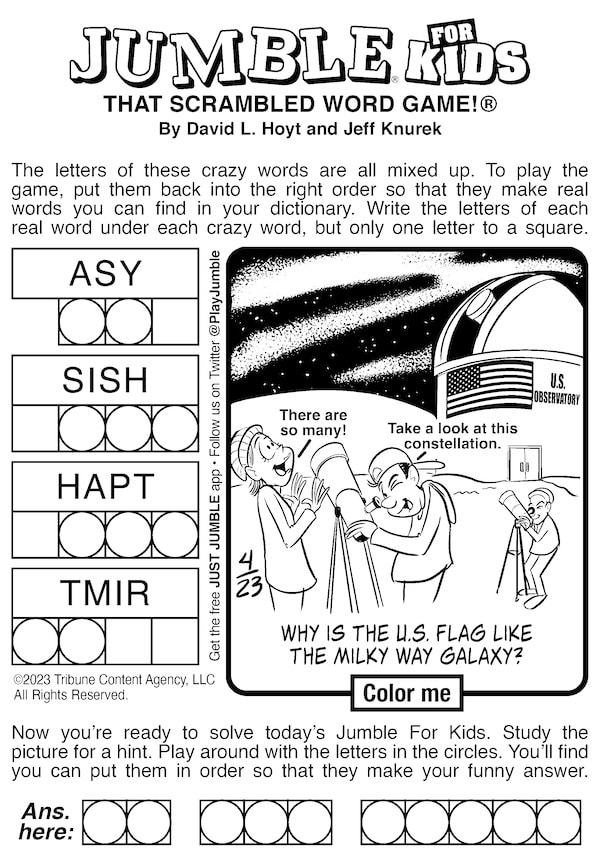 A Jumble puzzle for kids, as part of "Jumble Puzzle: MIL and flags," for kids and adults