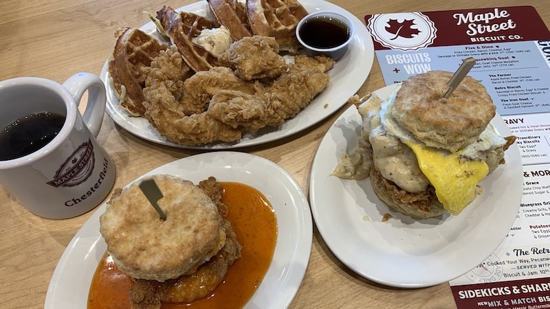 Three popular breakfast menu items at Maple Street Biscuit Company: Squawking Goat (bottom left), Bam! Yo-Yo (top), and Five & Dime. Image by Annie Tobey