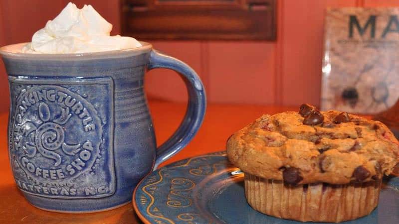 Coffee drink with whipped cream and muffin, from The Dancing Turtle in Hatteras Island, NC