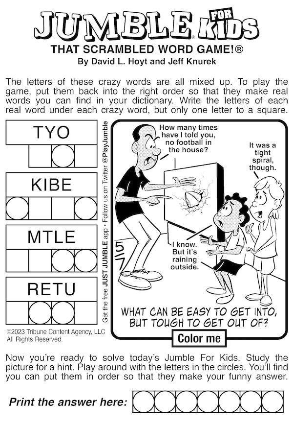 A football through a TV screen with a dad scolding two kids. For the Jumble puzzle for kids, on a combination puzzles with two scores.