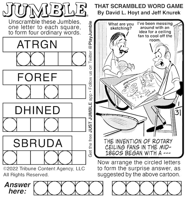 Classic Jumble puzzle, with a question on the invention of the fan