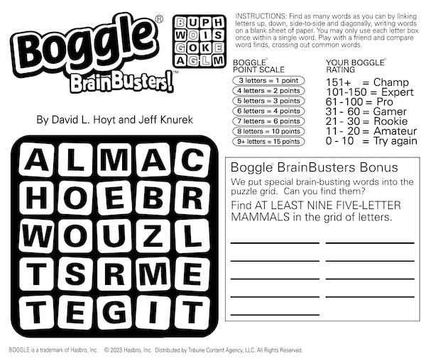 Boggle Brainbusters puzzle: find the mammals