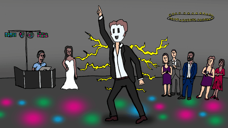 On a wedding reception dance floor, a cartoon groom dances with electricity emanating from his body. Boomer cartoon caption contest - name that caption: November 2023