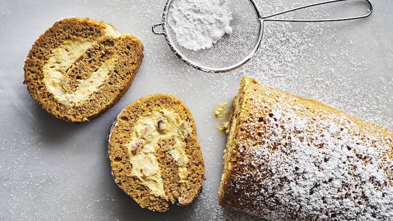 Pumpkin roll cake: Pecans and crystallized ginger add texture to the creamy pumpkin/cream cheese filling.