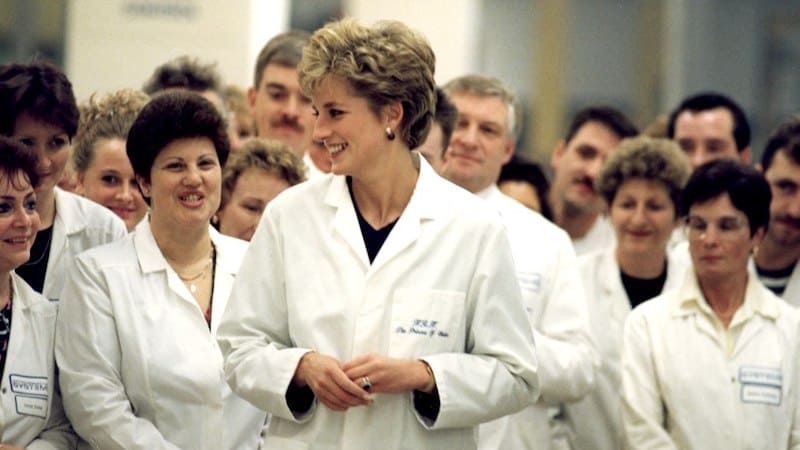 Diana Princess of Wales visiting Interconnection Systems (Plessey) in South Shields 1992. South Shields/Visits/Princess diana Collection. Newcastle Libraries from Newcastle upon Tyne, England, PDM-owner, via Wikimedia Commons. Used in article on her defiant kindness