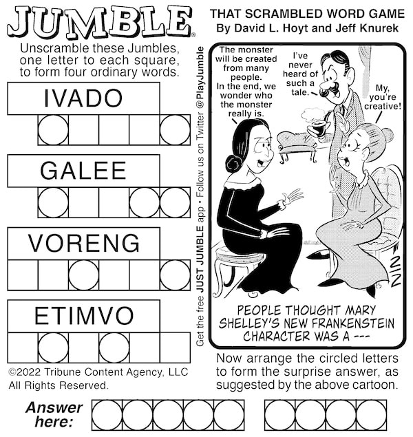 Classic Jumble puzzle, with famous female author Mary Shelley as part of the bonus answer