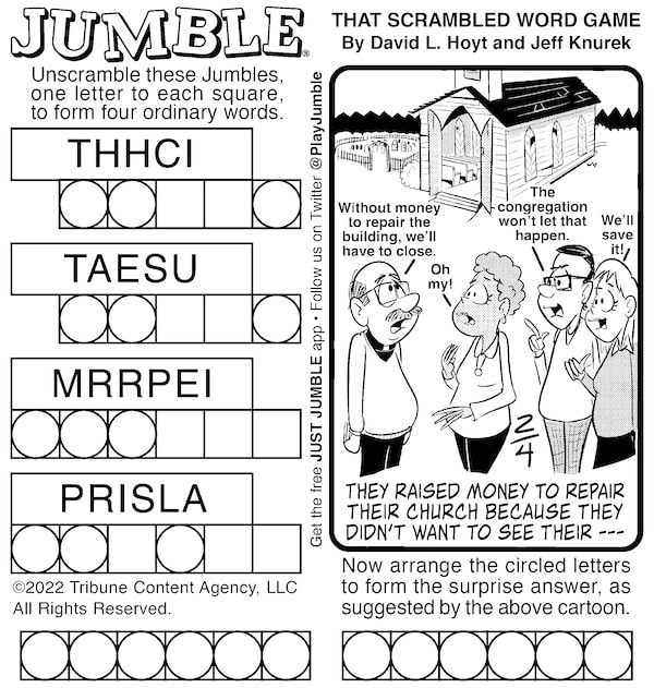 Classic jumble puzzle, with a picture of congregation members discussing a church repair.