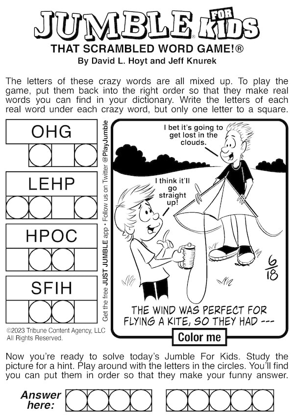 Jumble for Kids, a scrambled word game. Surprise answer features kids flying a kite. For overall inclusion of two puzzles, with a kite and a church
