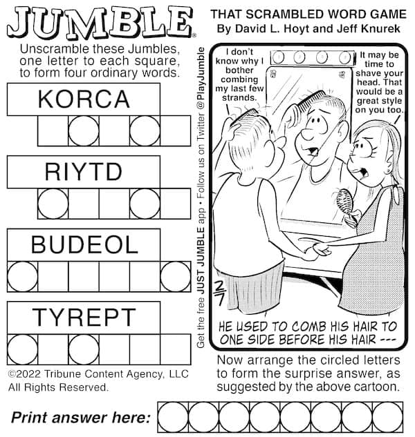 Classic Jumble puzzle, of a balding man considering a comb-over and his wife suggesting he shave his head. One of this week's baffled males