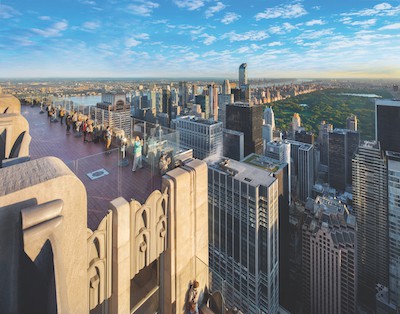 Top of the Rock® Observation Deck — View of Top of the Rock looking toward Central Park. The 69th-floor observation deck is visible in the upper portion of the photo; a corner of the 67th-floor observation deck is visible lower center. Photo courtesy of Top of the Rock® - one of the sights to see using New York CityPASS