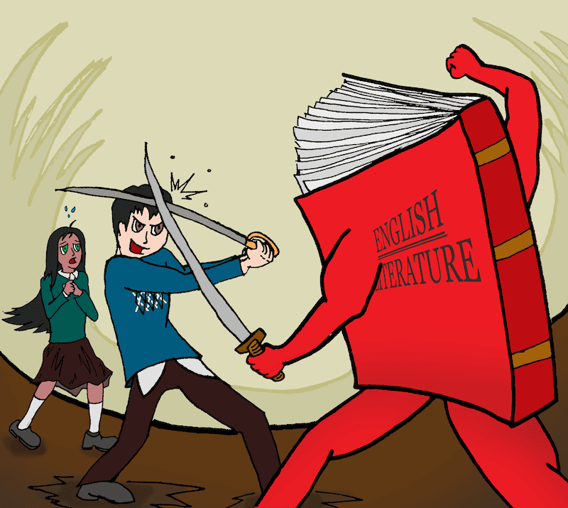 A boy fencing with an English Literature book, with swords. For Boomer caption contest, January 2024